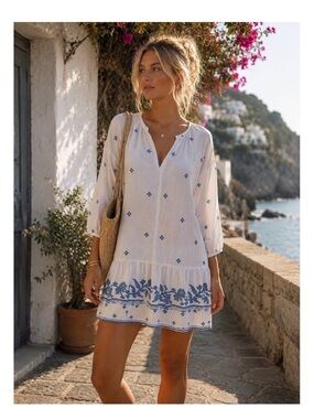 Madewell White Tunic Dress with Blue Embroidery